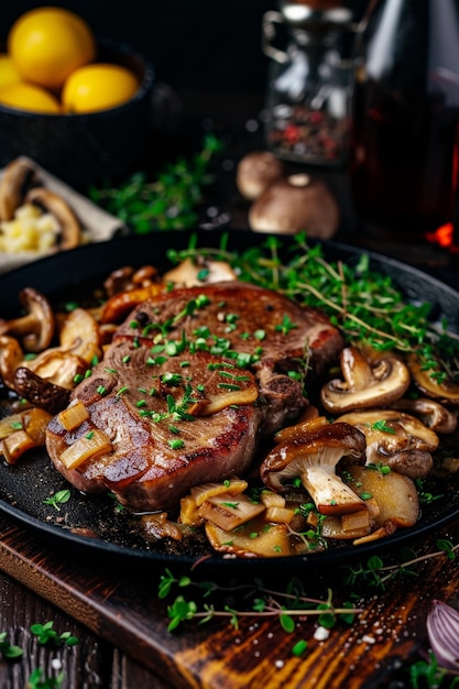 a pan of steak with mushrooms and mushrooms is being cooked