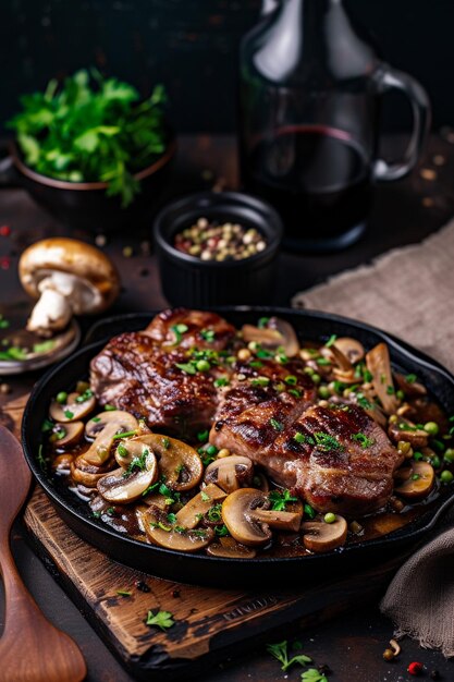 a pan of steak with mushrooms and mushrooms on it