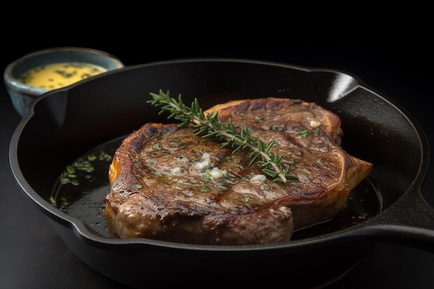 A pan of steaks with a sprig of rosemary on the top.