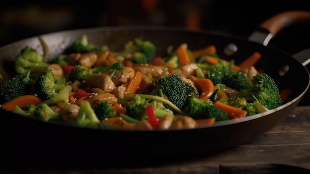 A pan of stir fry with chicken, broccoli, and carrots.