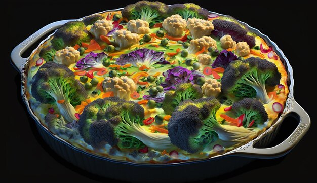 Photo a pan of vegetables with a black background