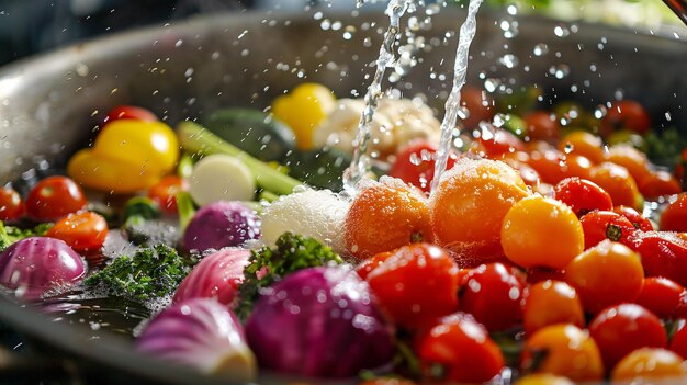 Photo a pan of vegetables with water pouring out of them