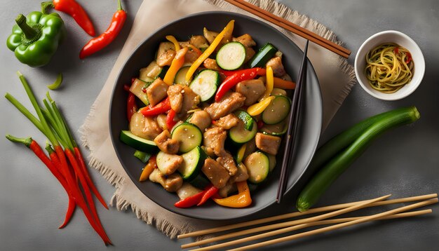 Photo a pan with chicken peppers and zucchini