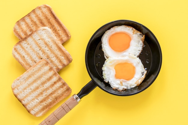 Pan with fried eggs and toast