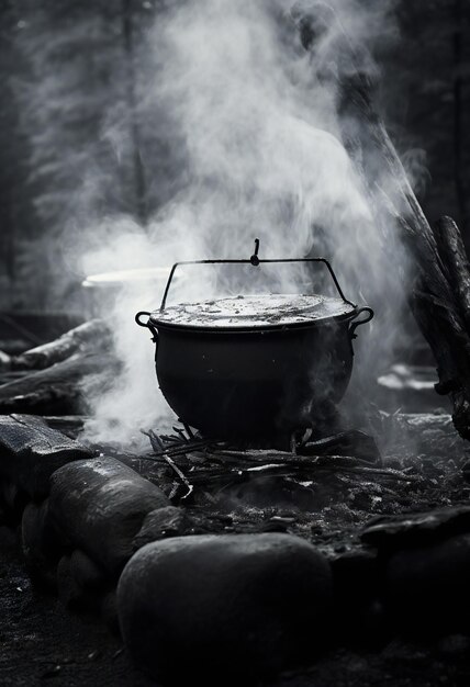 Foto una padella con il coperchio aperto sta cucinando sul fuoco.