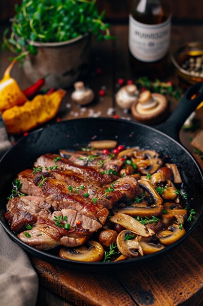 a pan with mushrooms mushrooms and mushrooms is cooking on a wooden table