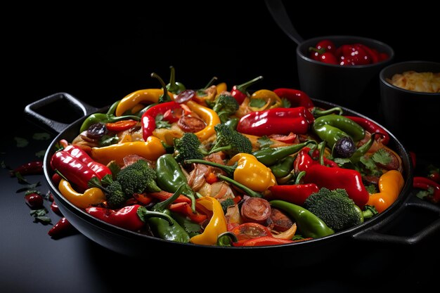 Photo pan with sauteed vegetables on dark background closeup exquisite italian lunch