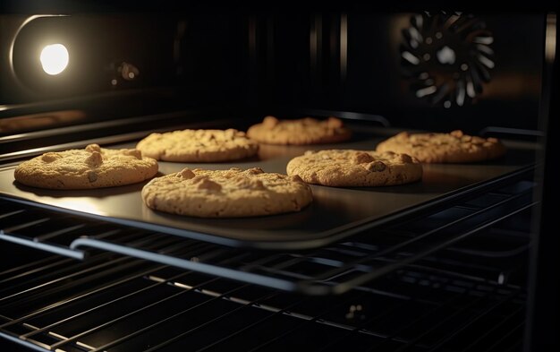 Foto pan con gustosi biscotti al cioccolato cotti all'interno del forno foto alimentare professionale ai generato