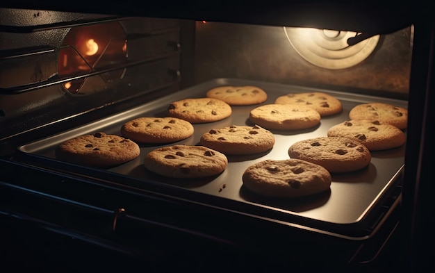 Foto pan con gustosi biscotti al cioccolato cotti all'interno del forno foto alimentare professionale ai generato