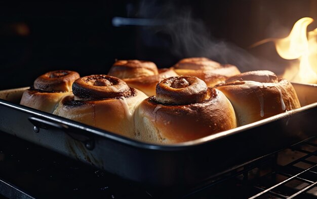 Pan with tasty Cinnamon rolls baked inside the oven professional food photo ai generated