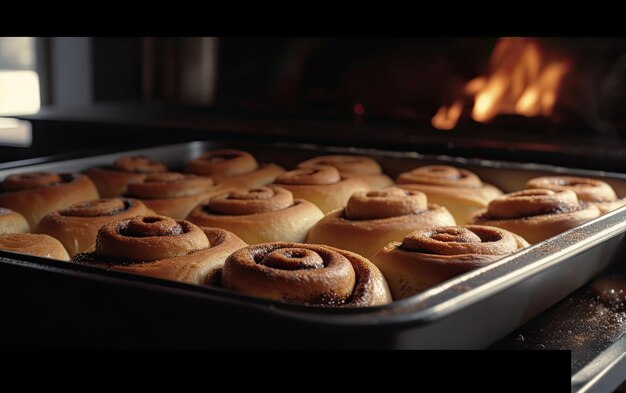 Foto pan con gustosi rotoli di cannella cotti all'interno del forno foto alimentare professionale ai generato