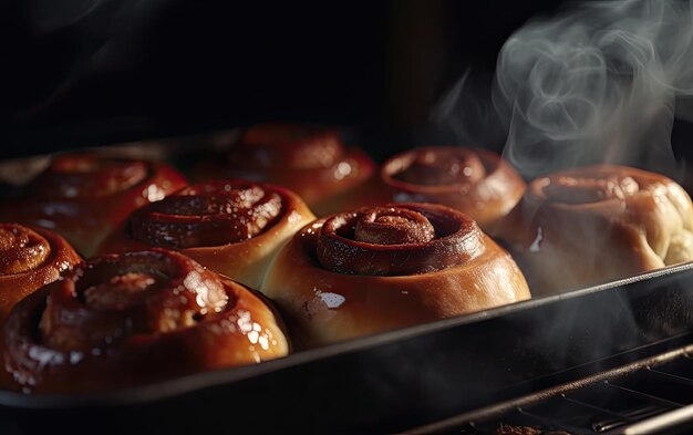 写真 おいしいシナモンロールがオーブンで焼かれています プロの食事写真が生成されました