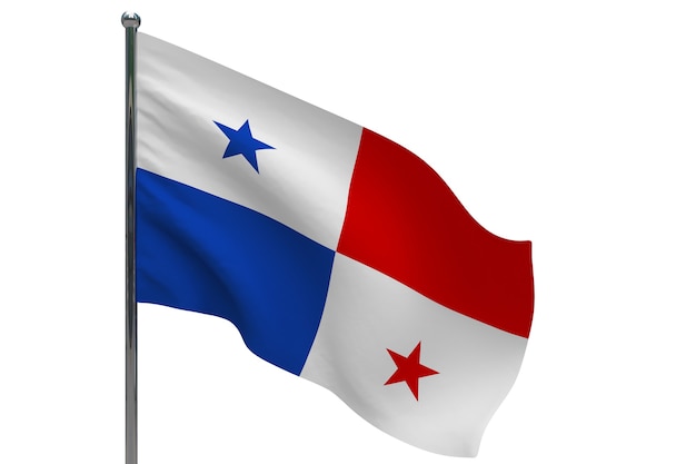 Panama flag on pole. Metal flagpole. National flag of Panama 3D illustration on white