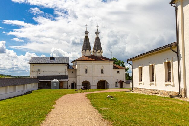 Panaramic view to ancient Ferapontov Belozersky male monastery of XV century Complex of temples Located on the shore of the Borodaevsky Lake Russian Orthodox Church Kirillov Vologda Region Russia