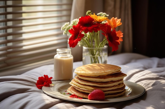 Pancake Breakfast in Bed with Flowers