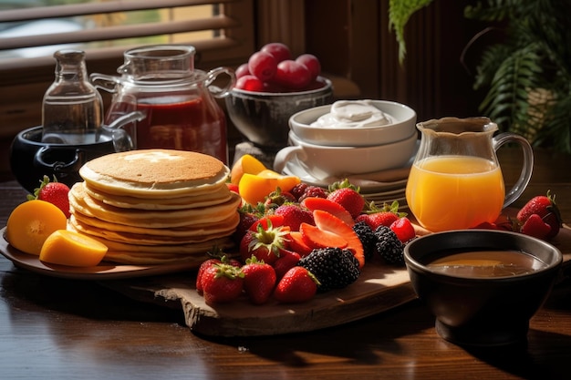 写真 パンケーキの朝食セット (コーヒーとフルーツ付き)