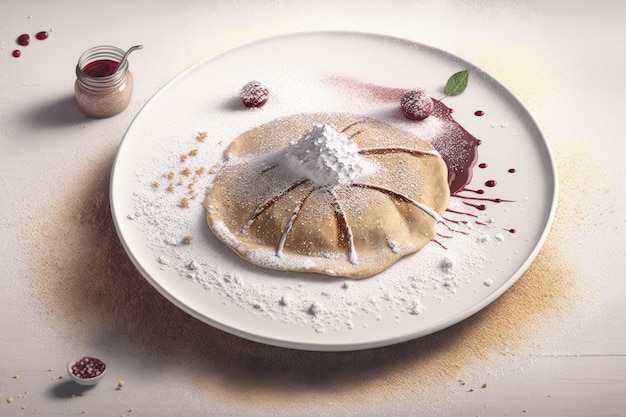 Pancake day with powdered sugar buckwheat and jam on white plate