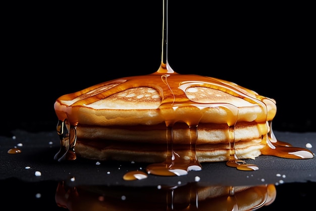 Foto pancake een pannekoek met honing zwarte achtergrond