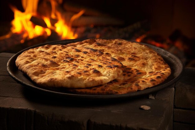 Foto un pancake è su un piatto nero con fiamme sullo sfondo