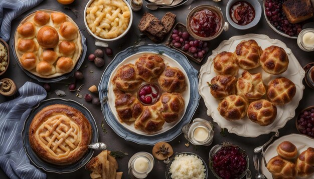 パンケーキとパンケーキは他の皿とグラスと一緒にテーブルの上にあります