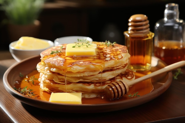 パンケーキの実在的な食べ物と蜂蜜のドロップは,キッチンルームの木のテーブルに空白のスペースを持っています 朝の光窓の光 アイの食べ物を生成します