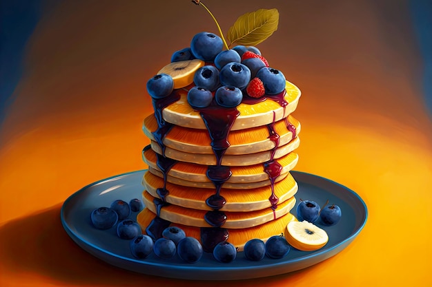 Pancake stack with beaful aetizing blueberries and bananas