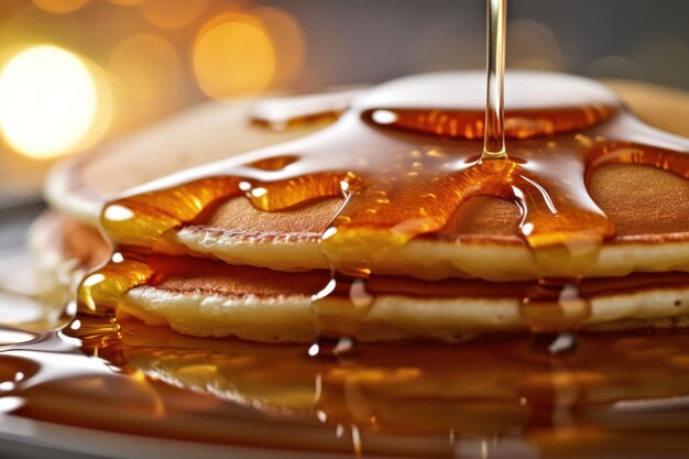 Foto pancake stapel met siroop gieten naar beneden op de top en een gouden achtergrond.