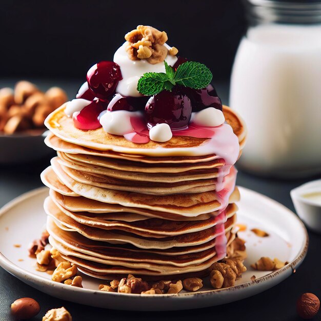 Pancake tower with yogurt nuts and cherry jam