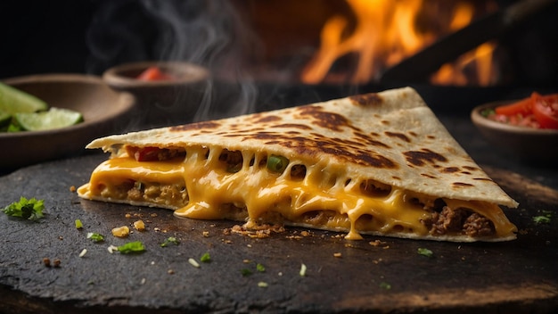 a pancake with cheese and green peppers on it sits on a wooden surface