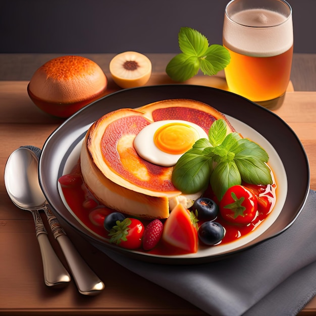 a pancake with eggs, strawberries, and a glass of water.