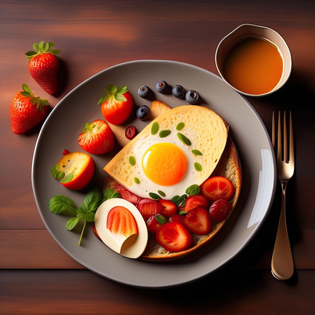 a pancake with eggs, strawberries, and strawberries on a plate.