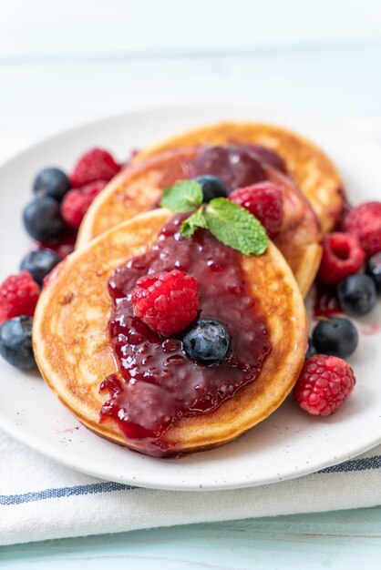 pancake with fresh raspberries and blueberries