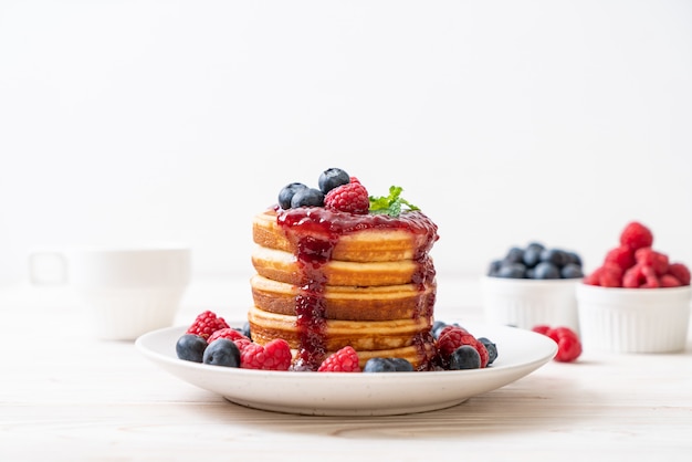 pancake with fresh raspberries and blueberries