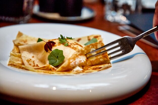 Pancake with meat and cheese filling on a plate