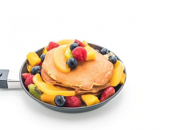 pancake with mix fruits (strawberry, blueberries, raspberries, mango, kiwi)