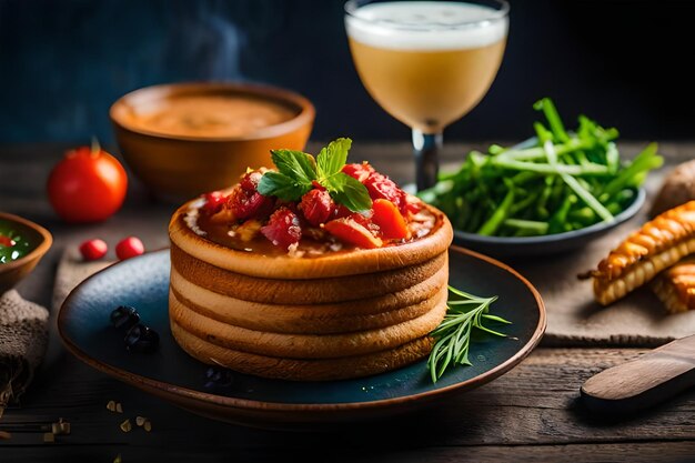 Photo a pancake with a pancake on the side and a glass of wine in the background