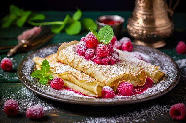 A pancake with raspberries and raspberries on it