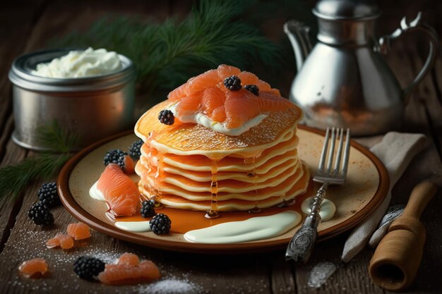 A pancake with salmon on it and a dollop of cream.