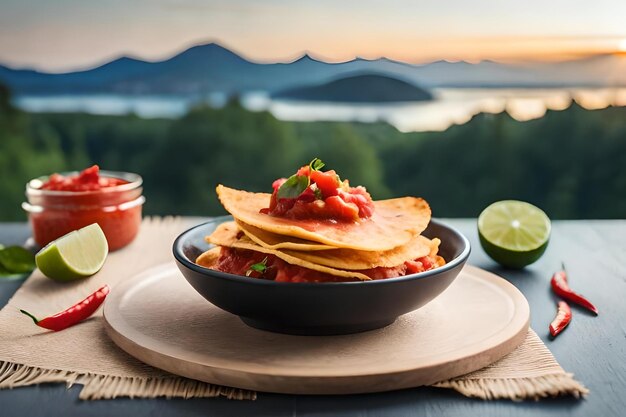 A pancake with salsa and salsa on a table