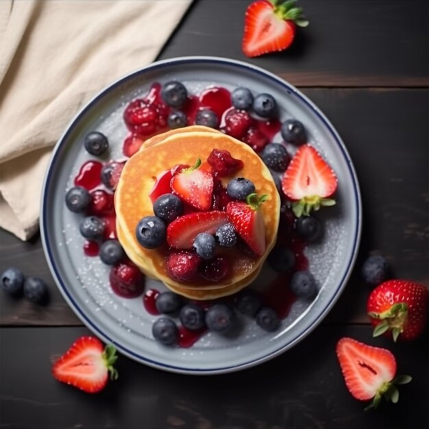 Pancake with strawberries and blueberries