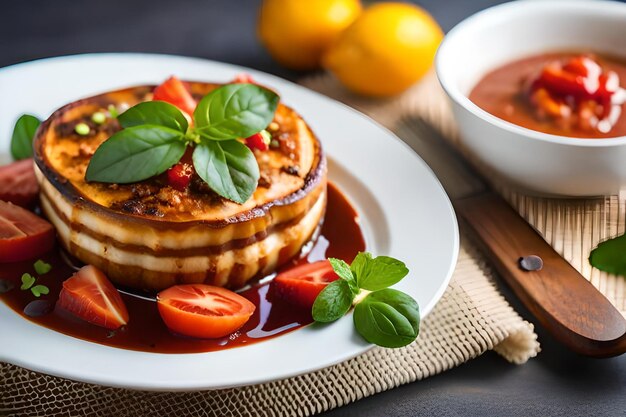 a pancake with strawberries and a bowl of syrup on a plate with a bowl of hot chocolate.