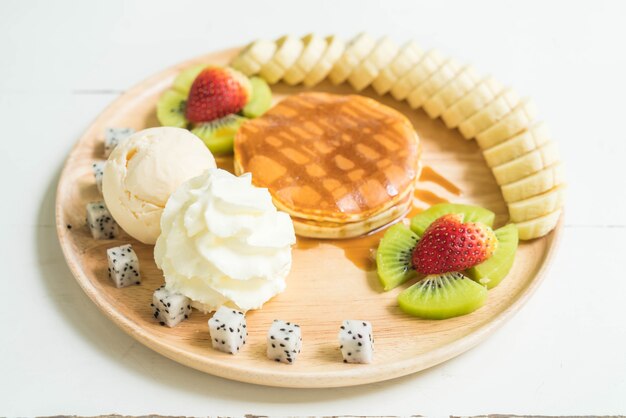 pancake with vanilla ice-cream and fruit