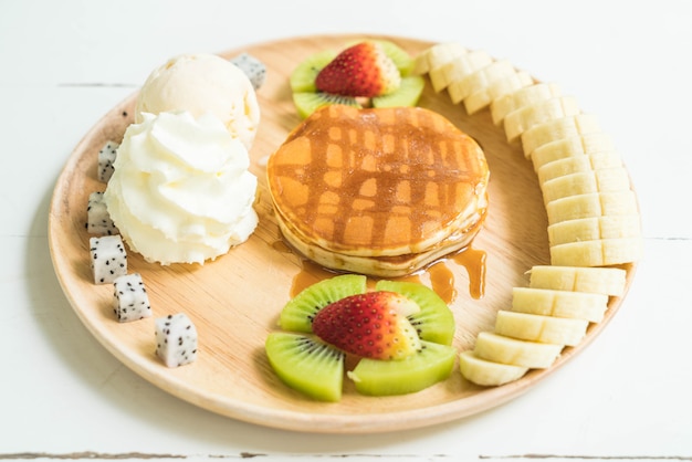 pancake with vanilla ice-cream and fruit