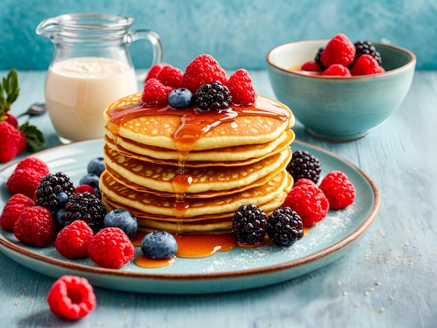 Photo pancakes adorned with fresh berries a dollop of cream and a drizzle of maple syrup