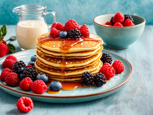 pancakes adorned with fresh berries a dollop of cream and a drizzle of maple syrup