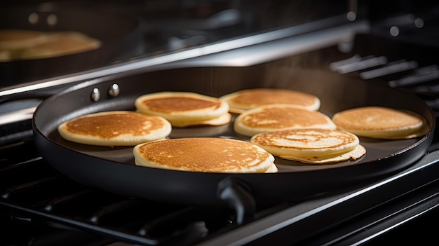 Pancakes cooking on a pan in a kitchen