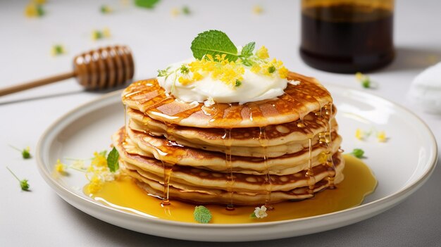 Pancakes drizzled with honey with pieces of fruit