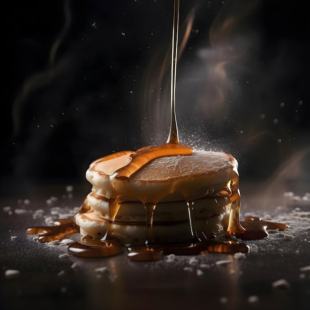 Pancakes falling into water with splashes on a black background