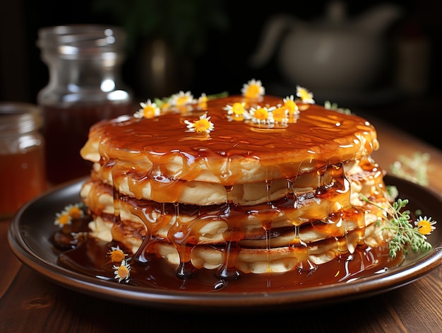 Pancakes fritters poured with honey in a plate on a blurred background Generative AI