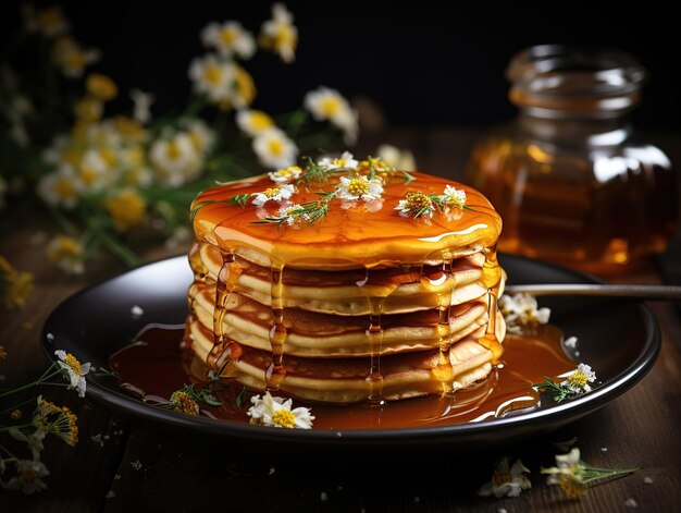 Pancakes fritters poured with honey in a plate on a blurred background Generative AI